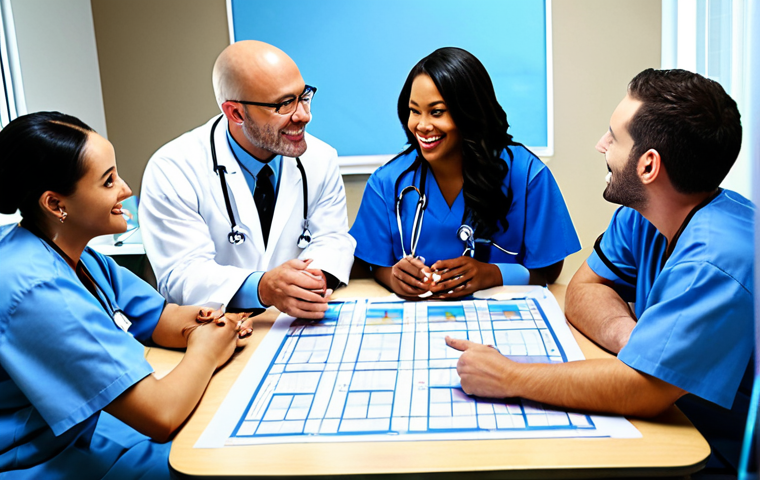 **

*   **Prompt:** Hospital strategic planning meeting, diverse team collaborating, blueprint on table, charts showing growth, modern hospital setting, bright and optimistic atmosphere.

**