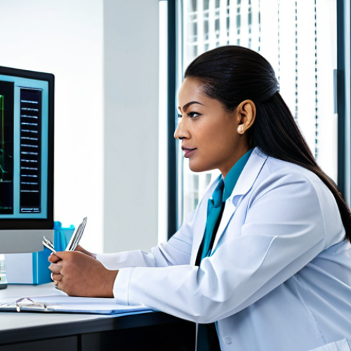 Home 24 A professional healthcare manager, in modest business attire, is seated at a large desk in a modern, brightly lit hospital administrative office. They are thoughtfully reviewing data on a large monitor, which displays graphs and charts related to hospital performance indicators and electronic health records. The manager holds a stylus, appearing focused and competent. The environment is clean and organized, with subtle medical technology visible in the background.