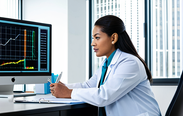 A professional healthcare manager, in modest business attire, is seated at a large desk in a modern, brightly lit hospital administrative office. They are thoughtfully reviewing data on a large monitor, which displays graphs and charts related to hospital performance indicators and electronic health records. The manager holds a stylus, appearing focused and competent. The environment is clean and organized, with subtle medical technology visible in the background.