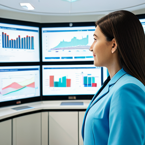 Home 23 A professional female healthcare manager in a modest business suit, standing confidently in a bright, modern healthcare facility. She is interacting with a large transparent digital screen displaying complex data visualizations and integrated electronic health records, symbolizing advanced technology and data analysis in healthcare management. The background features a clean, organized, high-tech environment with subtle futuristic elements. The lighting is bright and professional. fully clothed, modest clothing, appropriate attire, professional dress, safe for work, appropriate content, professional photography, high quality, perfect anatomy, correct proportions, natural pose, well-formed hands, proper finger count, natural body proportions, family-friendly.