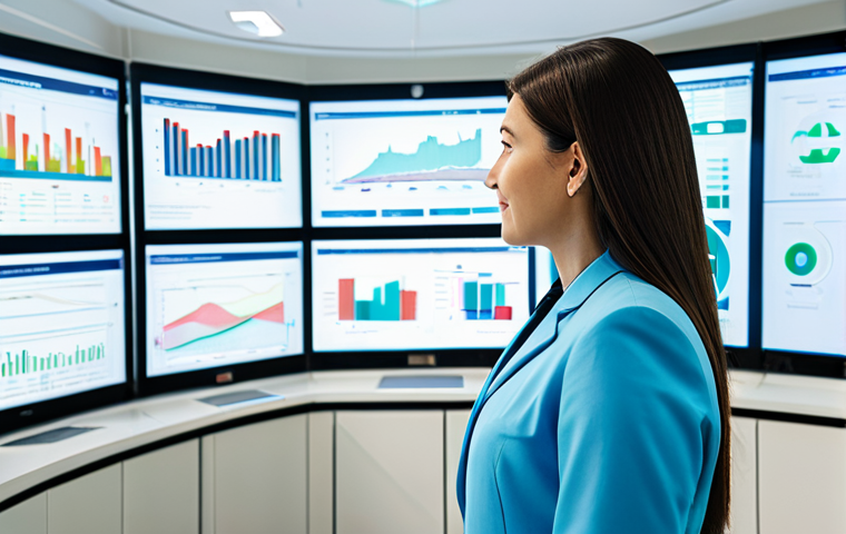 A professional female healthcare manager in a modest business suit, standing confidently in a bright, modern healthcare facility. She is interacting with a large transparent digital screen displaying complex data visualizations and integrated electronic health records, symbolizing advanced technology and data analysis in healthcare management. The background features a clean, organized, high-tech environment with subtle futuristic elements. The lighting is bright and professional. fully clothed, modest clothing, appropriate attire, professional dress, safe for work, appropriate content, professional photography, high quality, perfect anatomy, correct proportions, natural pose, well-formed hands, proper finger count, natural body proportions, family-friendly.