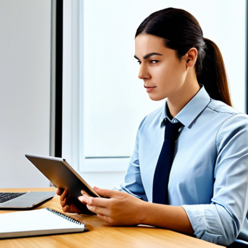 Home 22 A focused professional individual, gender-neutral, in modest business casual attire, seated at a sleek modern desk. They are intently looking at a tablet displaying complex healthcare data or an e-learning platform, with an open notebook and a colorful mind map beside them. The background is a clean, minimalist study space with warm, natural light from a large window. The atmosphere is calm and intellectual. Perfect anatomy, correct proportions, natural pose, well-formed hands, proper finger count, natural body proportions. Fully clothed, appropriate attire, professional dress, safe for work, appropriate content, professional.