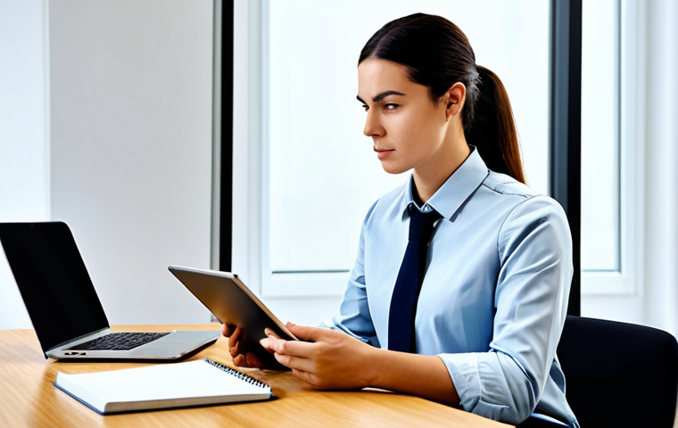 A focused professional individual, gender-neutral, in modest business casual attire, seated at a sleek modern desk. They are intently looking at a tablet displaying complex healthcare data or an e-learning platform, with an open notebook and a colorful mind map beside them. The background is a clean, minimalist study space with warm, natural light from a large window. The atmosphere is calm and intellectual. Perfect anatomy, correct proportions, natural pose, well-formed hands, proper finger count, natural body proportions. Fully clothed, appropriate attire, professional dress, safe for work, appropriate content, professional.