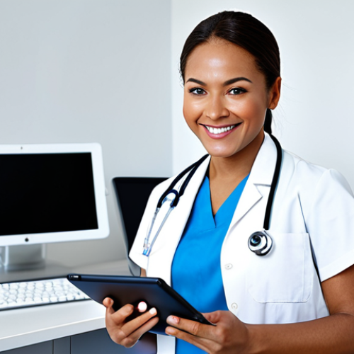 Home 9 Efficient Healthcare Management**
"A fully clothed female nurse in a modern, brightly lit clinic office, using a tablet to manage patient schedules. She is smiling slightly, looking at the screen. The background includes a clean desk, computer monitor, and organized files. Professional, safe for work, appropriate content, perfect anatomy, correct proportions, natural pose, well-formed hands, proper finger count, natural body proportions, modest professional attire."
**
