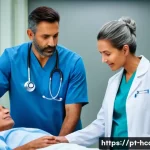 건강관리사 직무 설명과 책임 - A warm, professional hospital scene showing a multidisciplinary healthcare team collaborating around...