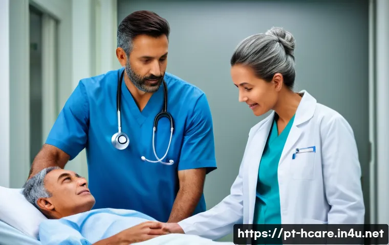 건강관리사 직무 설명과 책임 - A warm, professional hospital scene showing a multidisciplinary healthcare team collaborating around...