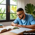 건강관리사 자격증 시험 후기 - A focused adult Brazilian student studying at home with a realistic and cozy setup, featuring textbo...