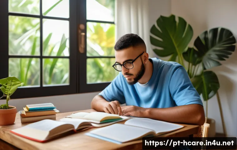 건강관리사 자격증 시험 후기 - A focused adult Brazilian student studying at home with a realistic and cozy setup, featuring textbo...