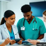 건강관리사로 일하는 장점과 단점 - A diverse group of healthcare professionals, including doctors and nurses, engaged in a modern works...