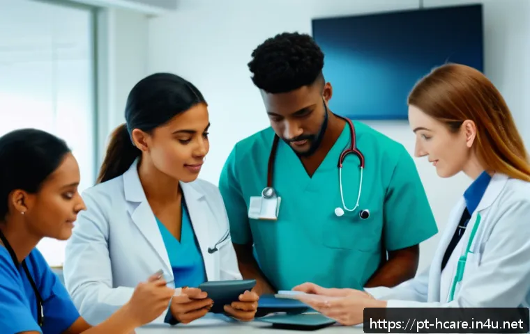 건강관리사로 일하는 장점과 단점 - A diverse group of healthcare professionals, including doctors and nurses, engaged in a modern works...