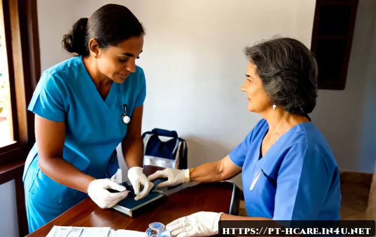 건강관리사 실무에서 요구되는 자질 - Photorealistic home healthcare scene in Brazil, compassionate female health caregiver wearing neat l...